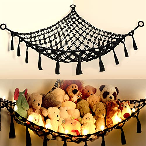 Yewiwin Stofftier-Netz oder Hängematte, Makramee-Hängematte zum Aufhängen von Stofftieren, Organizer, Boho-Dekoration, Zimmer-Eckhalter für Kinderzimmer, Schlafzimmer, Kinderzimmer (schwarz)