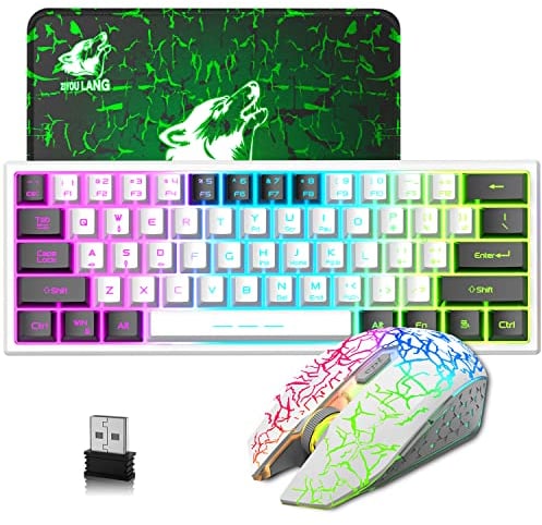 60% Compatto Nero E Bianco Tastiera E Mouse Wireless Gaming Retroilluminata - 2.4G 61 Tasti 3800mAh Type-c Ricaricabile RGB LED Keyboard - 2400 DPI Luce Respiratoria Mouse Per PC Copritasti