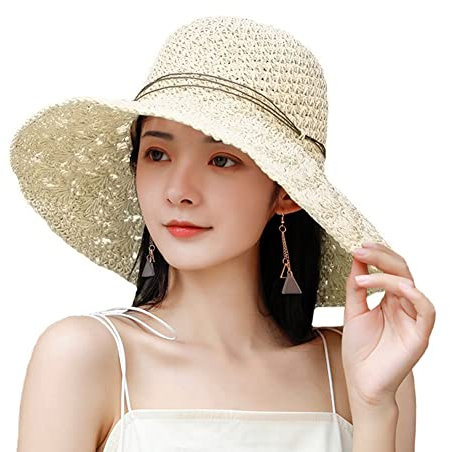 IBLUELOVER Women Straw Hat Wide Brim Sun Hat Roll up Panama Hat Floppy Beach Hat Anti-UV Protection Hat FoldableTravel Cap with Ribbon Bownot for Outdoor Vacation Hiking Boating Gardening (A-White)