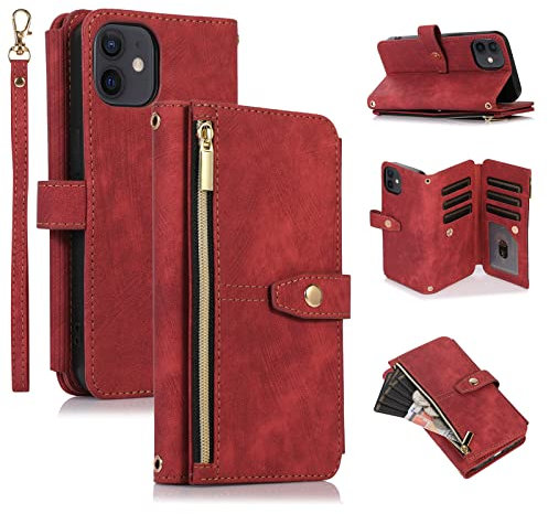 UEEBAI Case for iPhone 11 6.1 inch, 9 Card Slots Retro Leather Wallet Shockproof Flip Cover with Hand Strap Card Slots Zipper Pocket Kickstand Handbag Magnetic Closure - Vintage Red