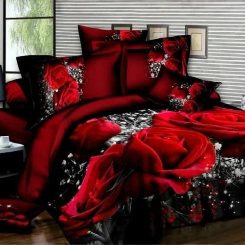 AdirHome Bettwäsche 135x200 mit Rosen Rote Rose Bettbezug Set bettwäsche mit Rosen Mädchenbettwäsche · Teenager-Bettwäsche Mikrofaser Mit Reißverschluss Und Kissenbezug 50x75cm (Red,135x200)