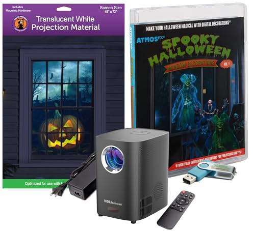 Reaper Brothers Spooky Halloween Digital Decoration Set Includes 9 AtmosFX Video Effects for Halloween Plus HD Super Bright Projector and 48 x 72 Holographic Projection Screen