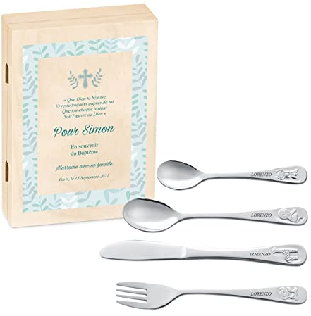 Maverton Set de couverts personnalisé dans boîte en bois imprimée - Thème Animal - Cadeau d'anniversaire personnalisé - Pour filles - Cadeaux bébé - Coutellerie gravée - Bleu