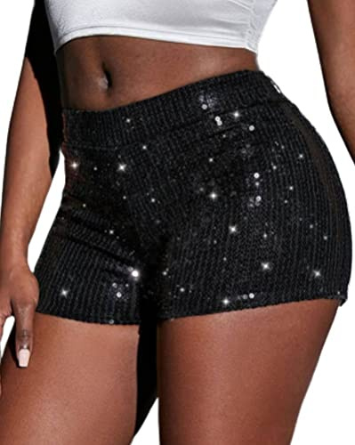 Onsoyours Kurze Hose Damen Pailletten Glitzer Shorts Sexy Hotpants Damen Sequin Shine Glitter Shorts High Waist A-Linie Sparkly Party Hotpants Sexy Nachtclub Clubwear A Schwarz M