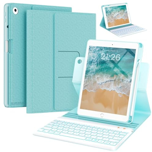 Funda con teclado para iPad de 9.7 pulgadas, 5ª 6ª generación, rotación de 360°, funda con teclado para iPad Air 2 con soporte para lápices (2018/2017/2014), teclado Bluetooth retroiluminado de 7