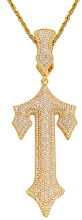 ICEDIAMOND Iced Out Hero Schwertanhänger Kettenkette, Krappenfassung 5A CZ Simulierte Diamanten, 14 Karat vergoldeter Hip Hop Big Charm Schmuck für Männer (Gold)