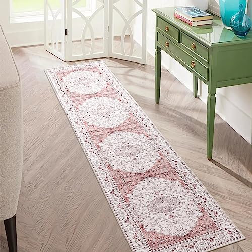 Carvapet Tapis de Passage 60x300cm Antidérapant Tapis de Couloir Lavable Fin Tapis de Sol Long Fleur Médaillon Tapis de Salon Chambre Cuisine(Rose)