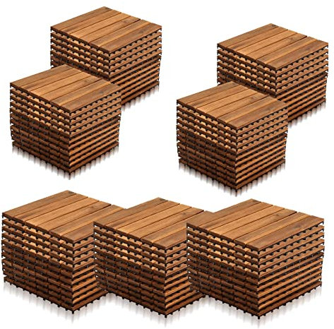 Yakimz Piastrelle in legno, 77 pezzi, in legno di acacia, 30 x 30 cm, 11 piastrelle per 1 m², per esterni, interni, balcone, con sistema di drenaggio e fissaggio a incastro, marrone