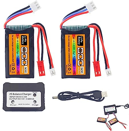 ZYGY 2PCS 7.4V LiPo 2S 50C 800mAh &JST et PH2.0 Plug Batterie avec Chargeur 2-en-1 pour SCX24 Voiture RC, Compatible avec la Plupart des 1/10, 1/16, 1/18, 1/24 RC Voiture, Truck et Drone Batteries