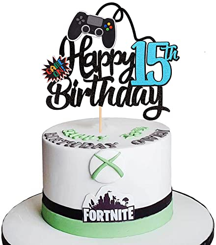 SYKYCTCY 1 Pack Video Game Happy 15th Birthday Cake Topper Glitter Video Game Cake Pick Game On Controllers Fifteenth Cheers to 15 Years Cake Decoration for Happy 15th Birthday Party Supplies Black
