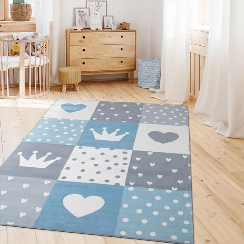 TT Home Kinderzimmerteppich Teppich Junge Mädchen Kinderteppich Baby Herzen Pastell, Farbe:Grau Blau Creme, Größe:80x150 cm
