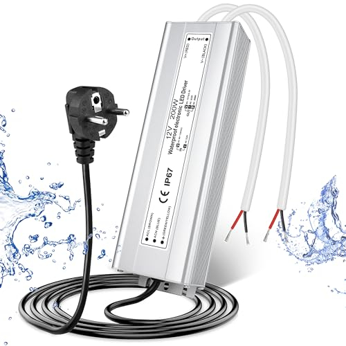 LED Trafo 12V 200W IP67, Outdoor Wasserdicht Transformator mit Stecker, LED Netzteil Treiber 230V auf DC 12 Volt Adapter, LED Driver Außen für LED-Streifen Lampen Strahler Lichtbänder