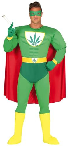 FIESTAS GUIRCA | Cannabis Superheld Kostüm für Herren (54-56/XL) - Maske, Umhang, Gürtel, Handschuhe und Overall - Superhelden- und Bösewicht Kostüme für Partys - Mann - Grün und Rot