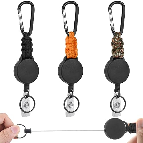 Vicloon Einziehbarer Schlüsselanhänger, 3 Stücke Heavy Duty Retractable Schlüsselrolle in D-Form mit Paracord, Schlüsselrolle Ausziehbar mit 60cm Stahldrahtseil, für Hose und Gürtel
