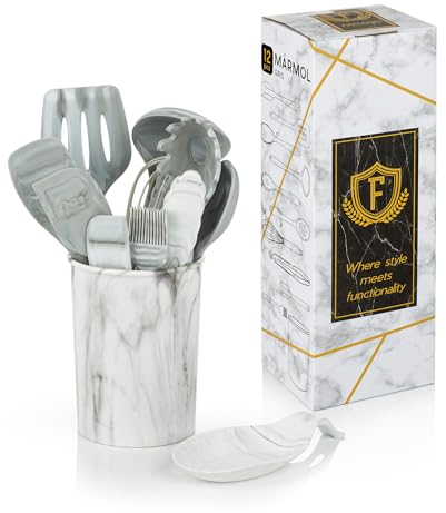 FAGANO Set Utensilios de Cocina Silicona 12 piezas | Utiles de Cocina Resistentes al Calor y Antiadherentes | Juegos de Utensilios de Cocina Originales | Efecto Mármol Gris y Blanco