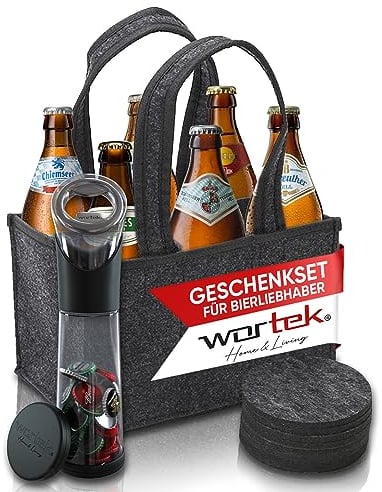 wortek Geschenkset Bier Geschenke für Männer - Männerhandtasche Bier, Flaschenöffner & Untersetzer + 6x bayerische Biere, Bierset Geschenke Männer Geburtstag, Geschenk für Vater Bier Tasting Set