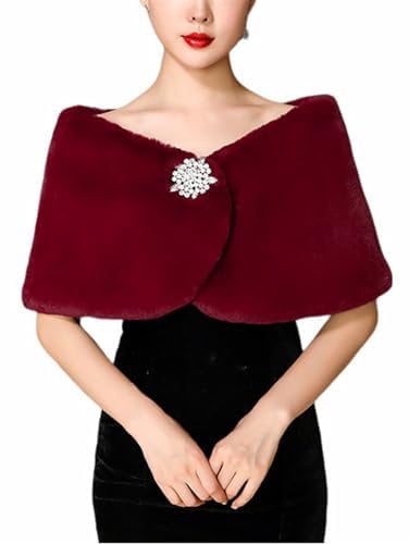 BESTORI Kunstpelz Schal Stola Damen Winter Bolero Wrap Braut Brautjungfern für Hochzeit Abend Festlich Burgund