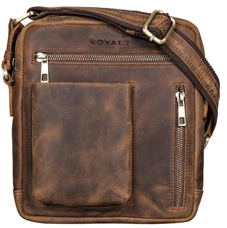 ROYALZ 'Antonio' Herrentasche Leder klein im Vintage Look - kleine Männer Umhängetasche aus Echtleder - kompakte Messenger Bag Ledertasche Herren mir Reißverschluss, Farbe:Nevada braun