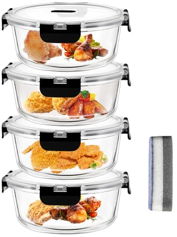 Hcrvvi Food Containers with Lids - Food Containers 4Pcs, with Upgraded Snap Locking Lids, Airtight Glass Containers with Lids, Food Storage Containers Set 1.3L, BPA Free, Meal Prep Containers Reusable