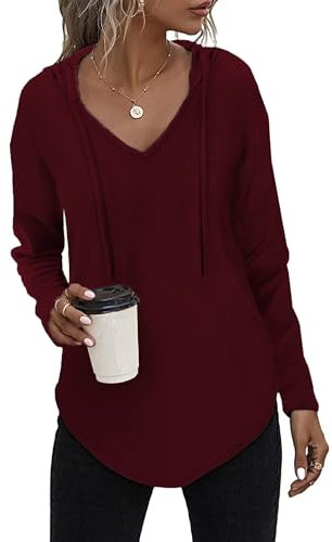 Kapuzenpullover Damen Leichter Pullover Hoodie Sweatshirs mit Taschen für den Herbst Weinrot, M