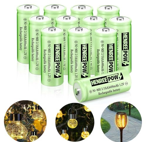 Henreepow 2/3AAA Solar Battery, 2/3AAA 400mAh High Capacity Ni-MH Battery, 2/3AAA 1.2v Low Self-Discharge Rechargeable Battery for Outdoor Solar Lights. (2/3AAA 400mAh 12 pack)