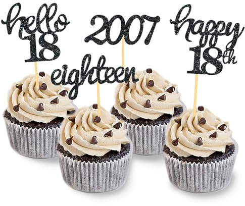 24 Pcs Glitter 18th Birthday Cupcake Toppers for Celebrating 18th Birthday Party Decorations for Eighteen Years Old Birthday Party Supplies (Black)