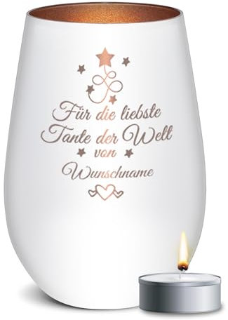 PR Print Royal Weißes Windlicht mit Gravur - Für die liebste Tante - mit Name Personalisieren - Geschenke für Tante | Individuelle Gravur inkl. Teelicht, 450 ml, Innen Bronze