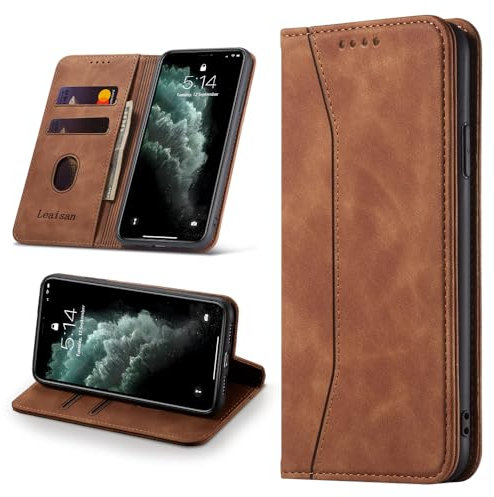 Leaisan Handyhülle für iPhone 11 Pro Max Hülle Premium Leder Flip Klappbare Stoßfeste Magnetische [Standfunktion] [Kartenfächern] Schutzhülle für iPhone 11 Pro Max Tasche - Braun