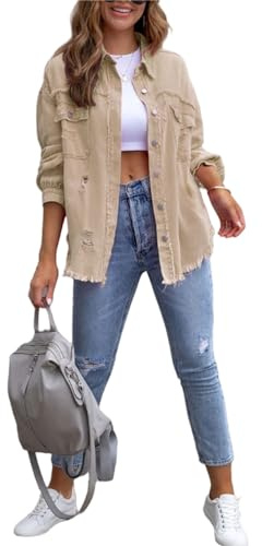 FEATEFACE Damen-Shacket mit Knopfleiste, ausgefranster Saum, lange Ärmel, Taschen, Denim-Jeansjacke mit Tasche, zerrissene Fransen, khaki, 38