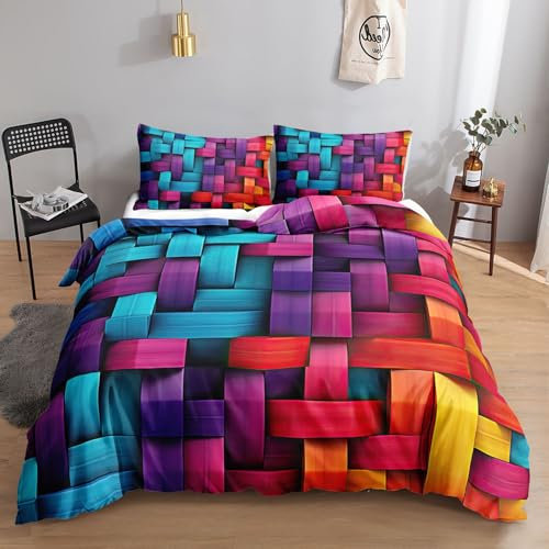 HOSIMA Buntes Gewebe-Bettwäsche-Set für Erwachsene, Jungen und Mädchen, Buntes Gewebe-Druck, Bettbezug mit 2 Kissenbezügen (Buntes Gewebe S)