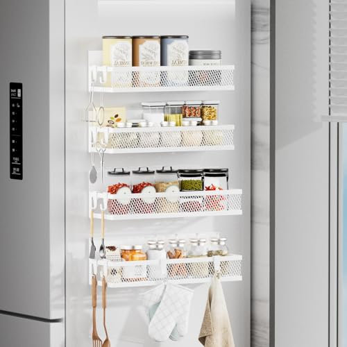 Umomi Magnetic Spice Rack for Refrigerator, 4-Pack Moveable Fridge Spice Racks with 10-Hook Rack for Kitchen Organizers and Storage