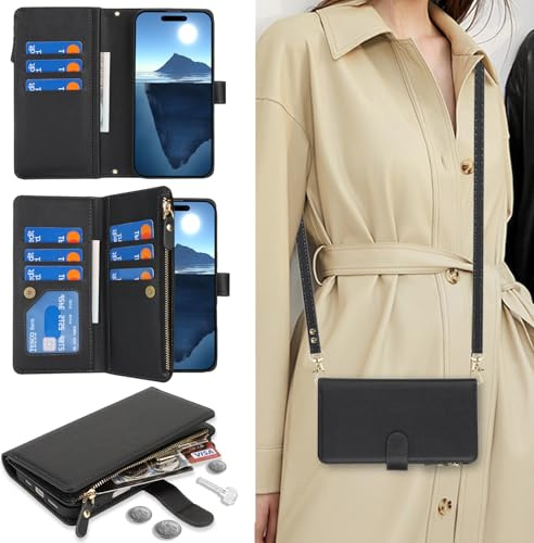 Cavor Phone Case Compatible with iPhone 16 Plus Case With Strap,Flip Foilo Leather Crossbody Wallet Case,[9 Card Holders][2 Lanyards][Magnetic+Snap Closure],Cover Case for women - Black