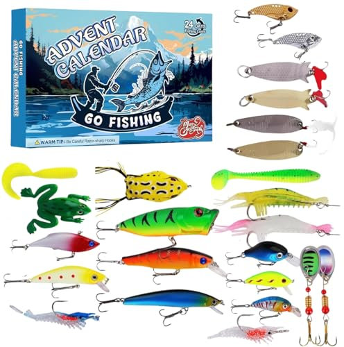 Angeln Adventskalender 2024, Adventskalender Angeln Weihnachten Countdown für Mann Erwachsene, Angeln Tackle Adventskalender, 24-Tage Angeln Köder Countdown Kalender für Papas und Angeln Liebhaber ﻿