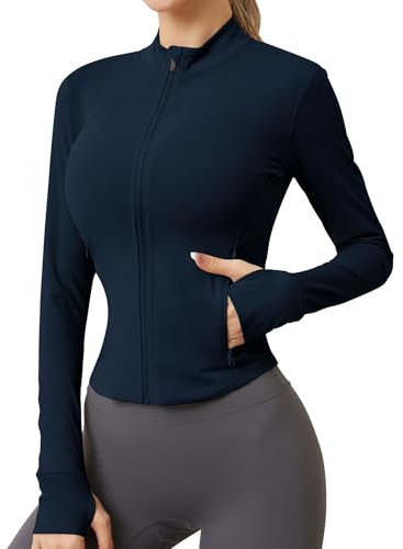 IECCP Veste de sport pour femme - Manches longues - Haut de gym - Haut de yoga - Fitness - Deux poches zippées - Veste de survêtement légère avec trou pour les pouces, Bleu marine, XS