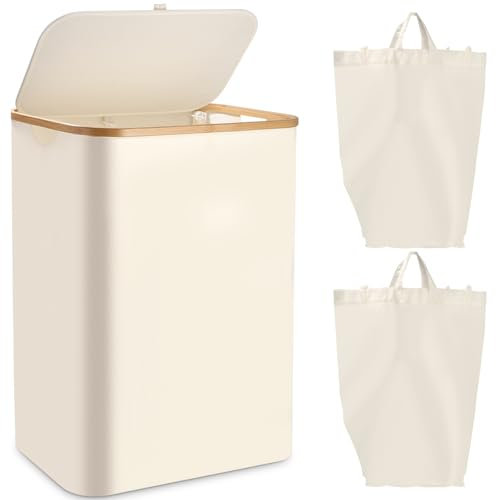 Wäschekorb mit Deckel 2 Fächer 160L, Wäschebox mit Bambus Henkel und Innentasche,Wäschesammler Bambus,Groß Kapazität,Laundry Baskets,Faltbare Wäschekörbe für Waschküche, Schlafzimmer,Badezimmer(Beige)