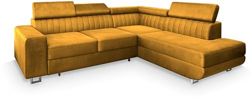 Masseno Ecksofa NOLA R-S mit Schlaffunktion L-Form, Klassisch Sofa mit Bettkasten, Wohnzimmersofa, Couch, Soffa, Bettsofa, Couchgarnitur - Gelb, Monolith 48