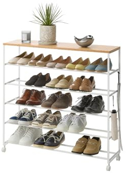 YAMAZAKI 1465 Tower 5-stöckiges Schuhregal mit Holzablage und Rollen, weiß, Stahl/Holz/Nylon, minimalistisch, 26 x 90,5 x 87 cm