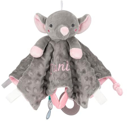 SIMYJOY Schnuffeltuch Baby Schmusetuch mit Namen Weiches Babydecke Personalisiert Babygeschenke für Neugeborene Grauer Elefant