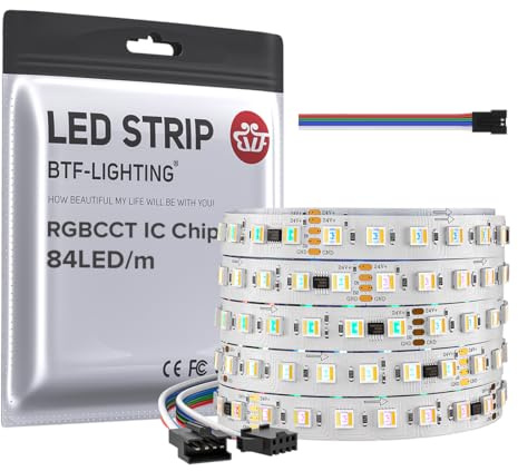BTF-LIGHTING WS2805 RGBCCT IC LED Streifen 5050SMD Adressierbar Dual Signal LED Band 5M 84LEDs/M DC24V Flexibel Lauflicht Traumfarbe Weiß PCB IP30 für DIY Dekoration(nur Streifen)