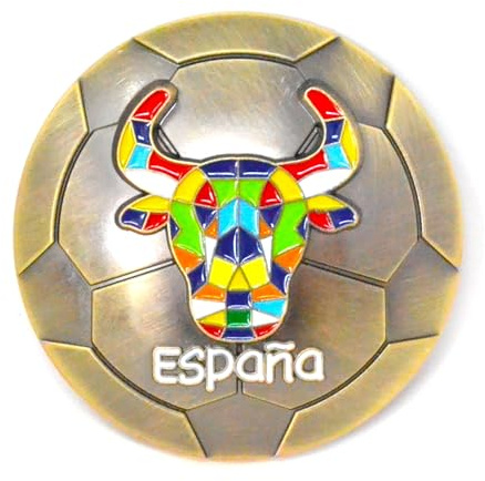 Imán Decorativo España, Diseño de Toro Mosaico en Balón de Fútbol, Metal, 8 x 8 cm la Liga