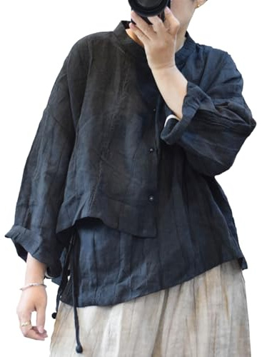 Women's Linen Shirt Button Down Stand Up Collar Blouse Long Sleeves Casual Loose Fit Tunic Irregular Tops (US, Alpha, One Size, Regular, Regular, Black)
