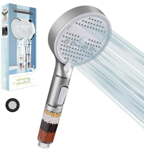 Hard Water Filtered Shower Head with The one-Touch Water Stop Function and 3 Spray Jet Modes High Pressure Bathroom Shower Head Large Powerful Handheld Showerhead for Residual Chlorine Remove (Grey)
