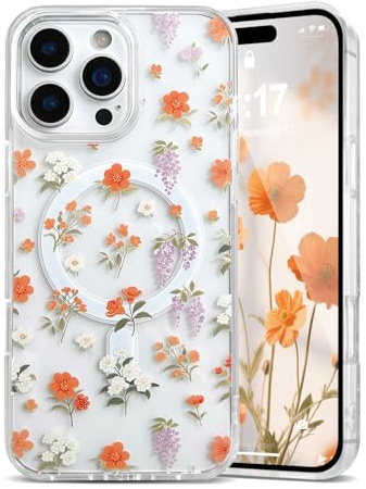 EYZUTAK Magnetic for iPhone 13/iPhone 14 Case Flower Case Compatible with MagSafe, Pretty Floral Stylish Aesthetic Phone Cover Slim Clear Anti-Yellowing Protective Cover for Girls Women - Orange
