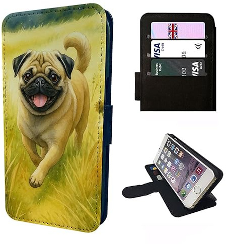 Happy Pug Dog Wallet Phone Case Flip Cover Compatible with iPhone SE 7 8 X XR 11 12 13 14 15 16 16E Plus Mini Pro Max – Faux Leather Cute Pug on Grass, Dog Lover Gift, Adorable Pug Pink Case