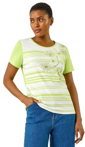 Roman Originals T-Shirt for Women UK - Ladies Tee Shirt Summer Top Holiday Day Causal Short Sleeve Blouses Round Crew Boat Neck Lightweight - Lime Floral - Size 20
