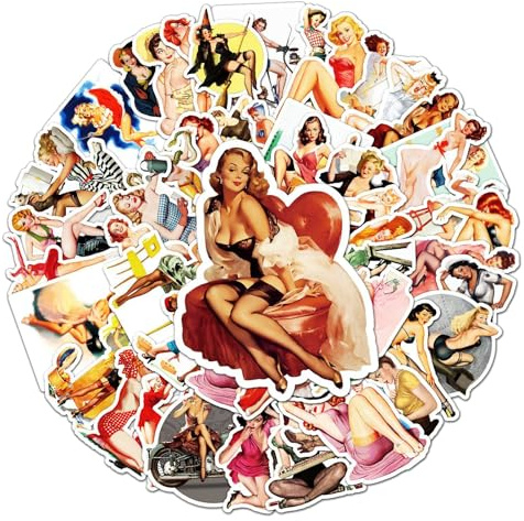Vintage Pin-Up Girl Stickers for Teens Adults, 50Pcs Classic Retro Girl Illustration Decals for Laptops, Water Bottles, Scrapbooks, Skateboards, DIY Crafts