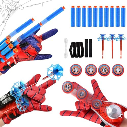 FMKLDENA Spider Launcher Handschuh, 3 Set Held Launcher, Spider Netzwerfer Handschuhe, Kids Spider Hero Handschuhe mit Saugnapf-Darts und Frisbee, Spider Spielzeug Handschuh, für Kinder Fans