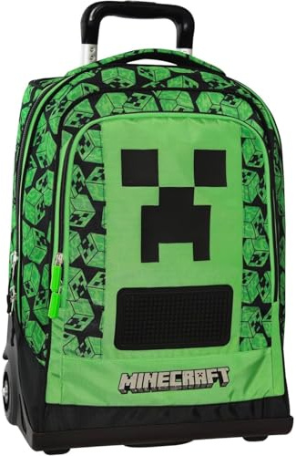 PRESTIGE & DELUXE Trolley Schulrucksack kompatibel mit Minecraft Pixel für Kinder + 7 löschbare Stifte und Schlüsselanhänger Pfeife
