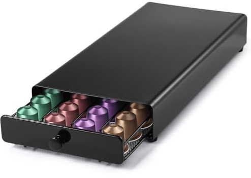 Coffee Pod Drawer Holder, Compatible with Nespresso Capsules, Metal Capsule Storage Box, Modern Capsule Organizer for Home Kitchen Counter, Holds 40 Capsules