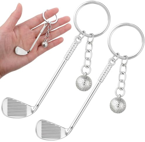 Lot de 2 porte-clés en métal avec club de golf et balles de golf, porte-clés de golf avec club de golf Porte-clés en métal créatif balle de golf fendue porte-clés cadeau, argent